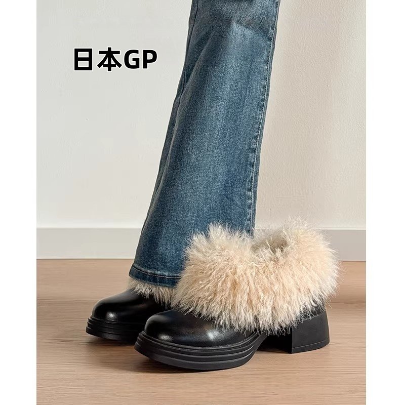 日本GP法式加绒高跟毛毛鞋女冬季新款一脚蹬乐福粗跟玛丽珍小皮鞋,女鞋,玛丽珍鞋,淘宝优惠券,粉丝福利购,淘宝优惠卷
