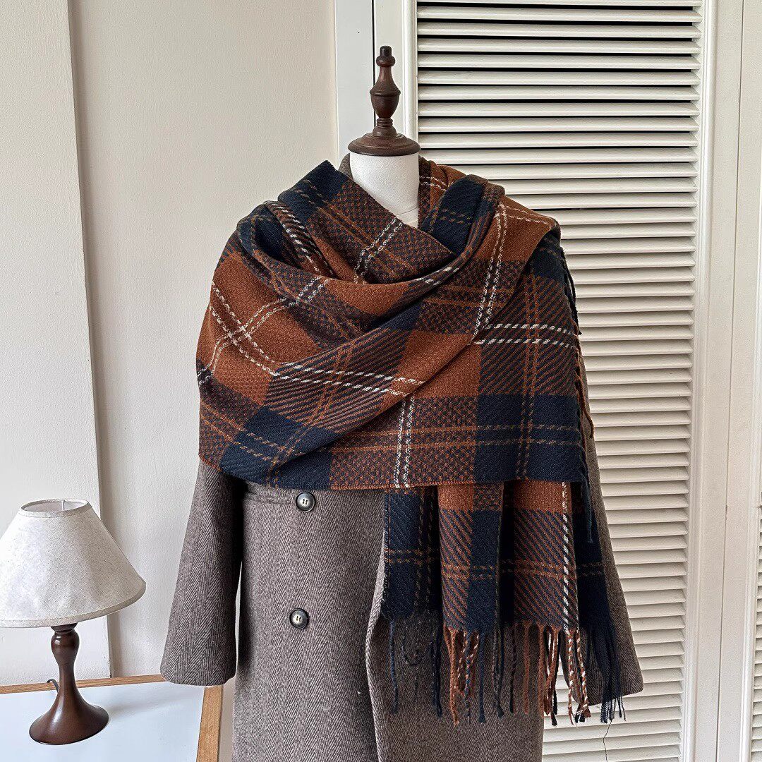 日本GP莫兰迪色格子流苏围巾女韩版新款百搭围脖加厚保暖大披肩潮