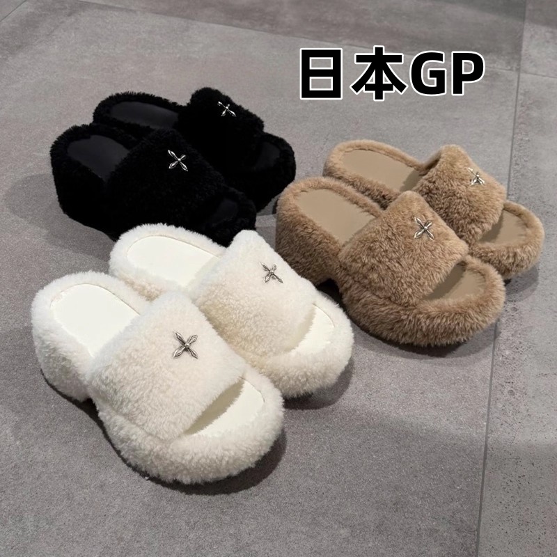 日本GP十字花皮毛一体高跟毛毛鞋