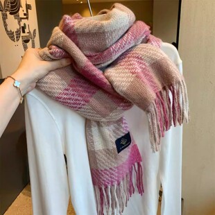 日本GP甜美格子流苏围巾女冬季韩系少女粉色百搭加厚保暖披肩围脖