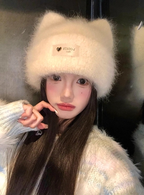 日本GP可爱猫耳朵针织帽女秋冬显脸小百搭毛线帽保暖防寒护耳帽子
