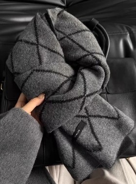 日本GP灰色围巾女2025冬季新款加厚韩系氛围感菱格双面高级感围脖