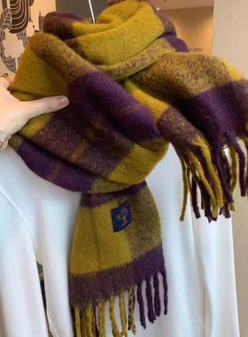 日本GP拼色格纹羊绒围巾女2025冬季新款姜黄色百搭高档保暖围脖潮