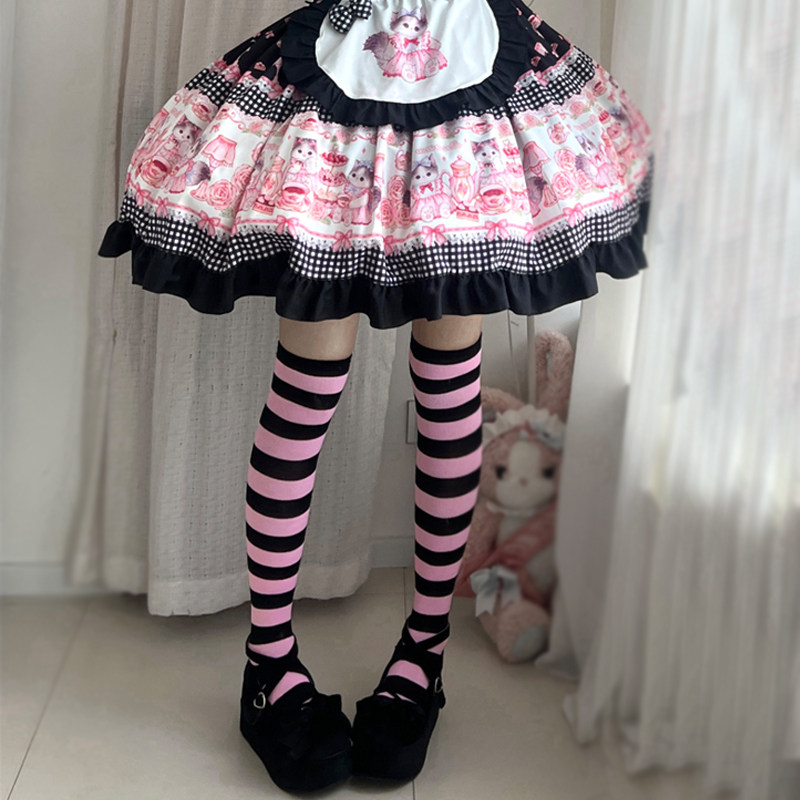 宽条纹合集长筒袜子黑粉蓝白高筒袜亚文化朋克jk过膝袜女cos动漫