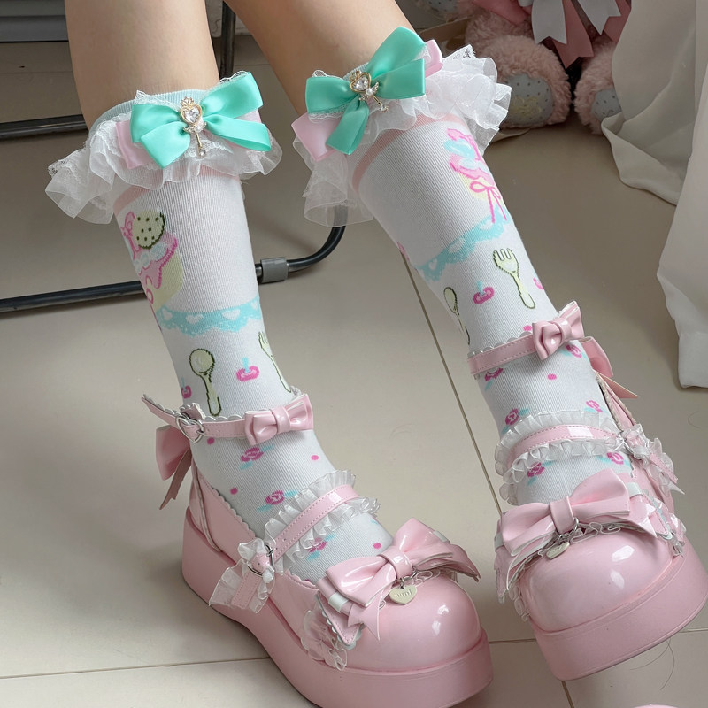 重工蝴蝶结洛丽塔蕾丝小腿袜女