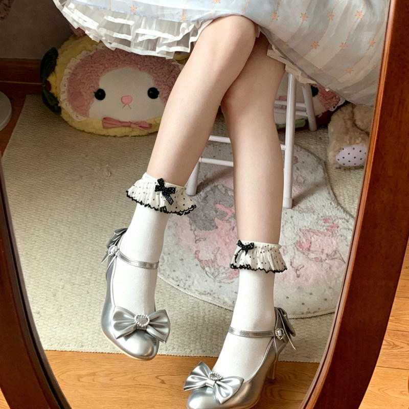洛丽塔波点蝴蝶结少女袜子可爱简约褶皱蕾丝花边中筒棉袜学院风袜