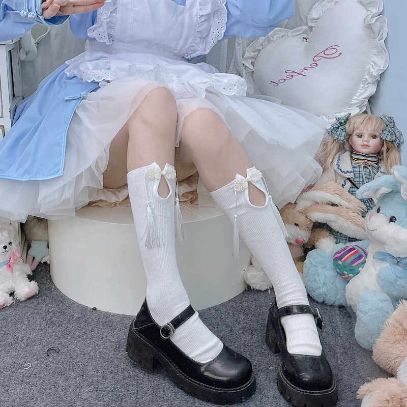 新中式国潮风旗袍扣流苏装饰中筒棉袜少女纯色汉服走秀款小腿袜