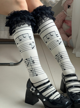 秋冬新款音符黑色蕾丝花边小腿袜日系洛丽塔y2k少女甜美压力棉袜