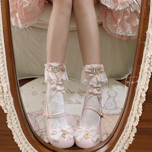 日系洛丽塔方钻蝴蝶结手作少女袜