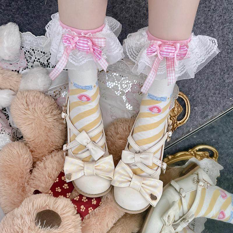 糖果蛋糕蕾丝中筒袜棉甜美女