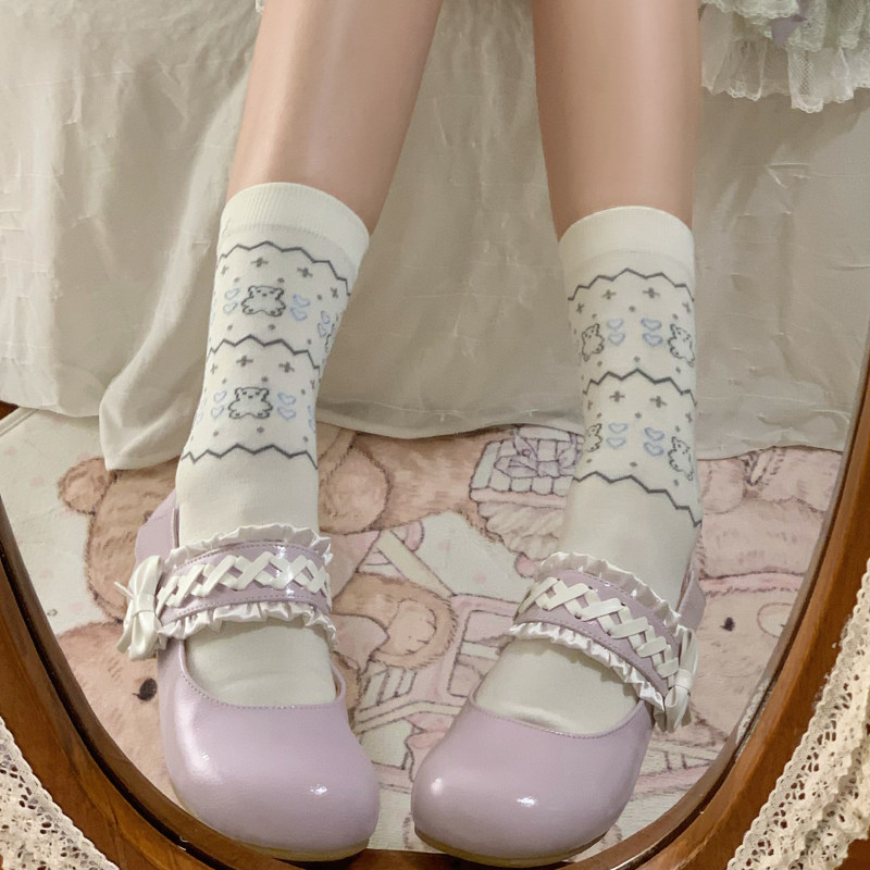 春夏软糯袜子女素雅奶油色舒适少女蓝色卡通星星猫咪提花中筒棉袜