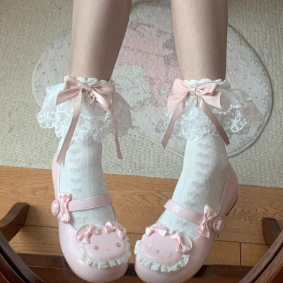 多色飘带蝴蝶结浮雕爱心棉袜女