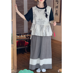 踏进银河 夏季复古棉麻叠穿娃娃款马甲小个子花边格子阔腿裤套装