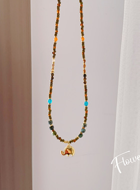 小象吊坠非洲松石拼天然石串珠项链民族异域风复古气质轻奢锁骨链