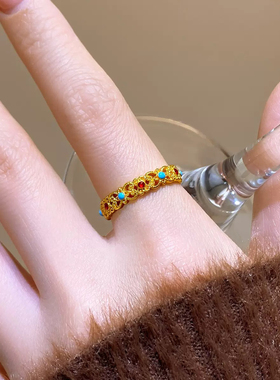 金店同款镂空花丝珐琅彩戒指气质轻奢小众新中式复古食指叠戴指环