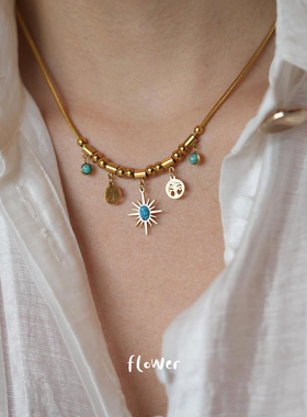 生命树八芒星埃及风绿松石钛钢坠链气质轻奢波西米亚ins风TX03