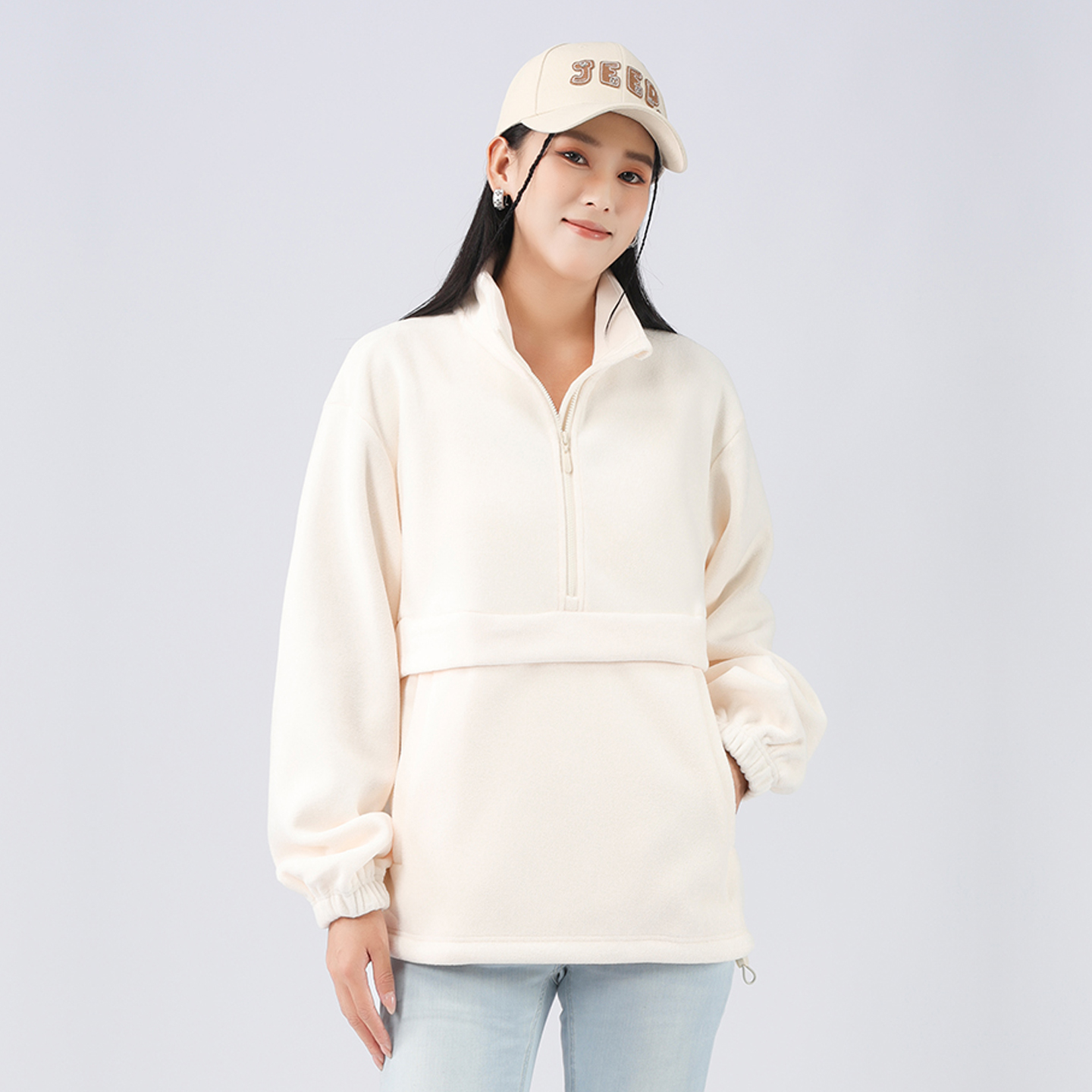 双面摇粒绒卫衣半拉链外套女新款