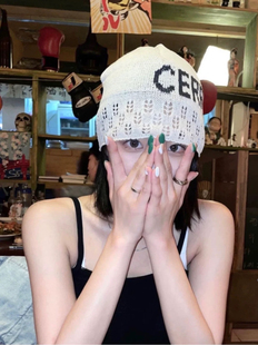 cerric小众字母时髦薄款休闲针织毛线帽子拼色漏网镂空编织瓜皮帽