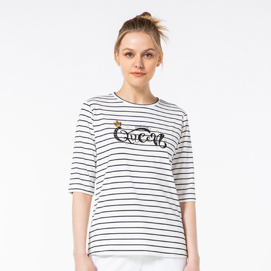 金狐狸女士圆领条纹7分袖t恤衫