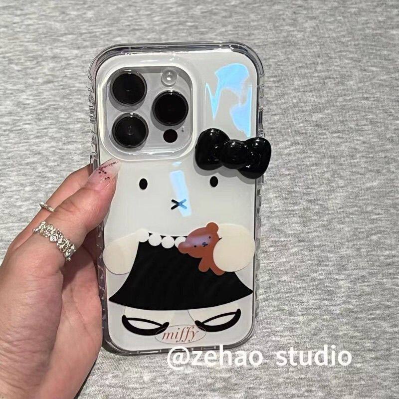 适用于ins可爱黑裙子泰迪兔子双层印花韩系15/14proiphone16promax苹果13