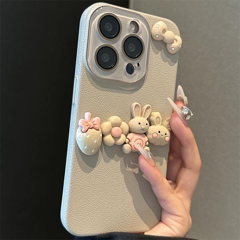 荔枝纹立体草莓兔子苹果15promax手机壳iPhone16新款14女13防摔12