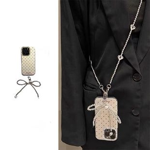 适用于银底黑波点蝴蝶结苹果16promax手机壳iPhone15pro斜挎14新款