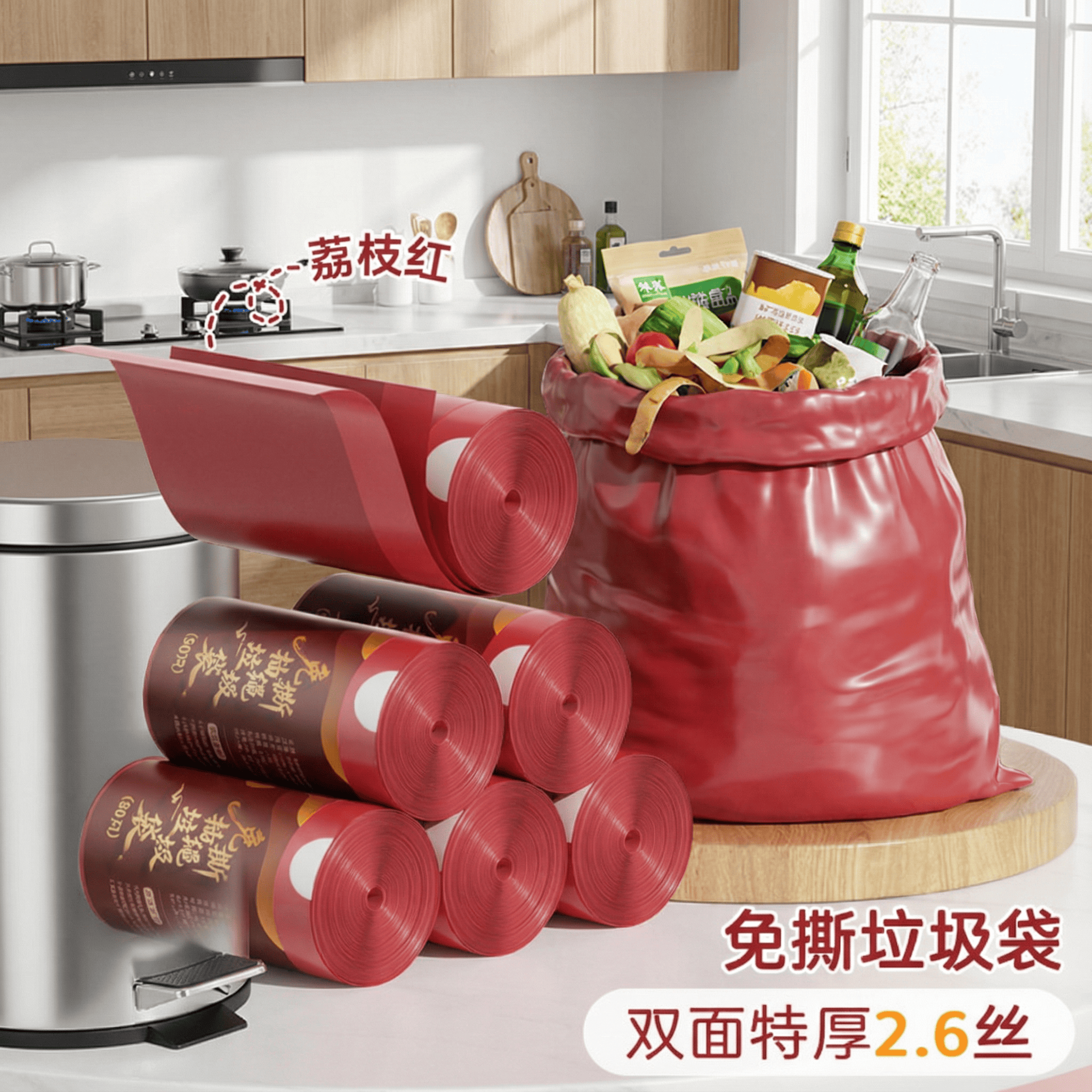 垃圾袋加厚家用手提式免撕抽绳大号红色喜庆新年款特厚清洁袋家用,家庭/个人清洁工具,家用垃圾袋,淘宝优惠券,粉丝福利购,淘宝优惠卷