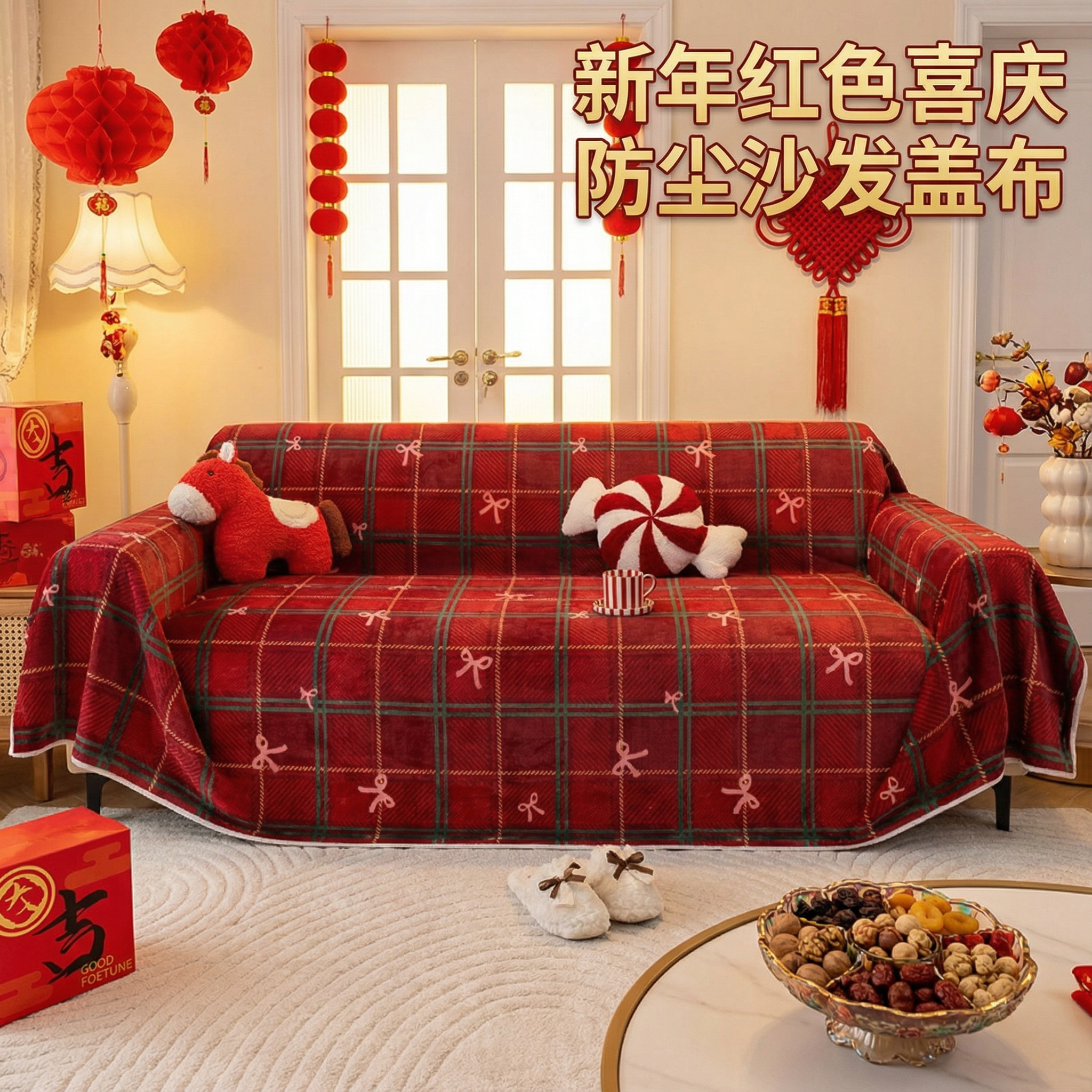 新年巨好看的沙发盖布红色全盖沙发巾一整张牛奶绒沙发盖巾毯格子,居家布艺,万能盖巾,淘宝优惠券,粉丝福利购,淘宝优惠卷