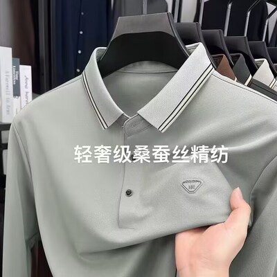 高端桑蚕丝男士长袖T恤POLO衫春秋季2025新款新款中年爸爸装男款