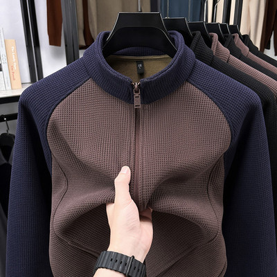 秋冬季华夫格加绒加厚开衫卫衣男士保暖拉链半高领拼色外套夹克潮