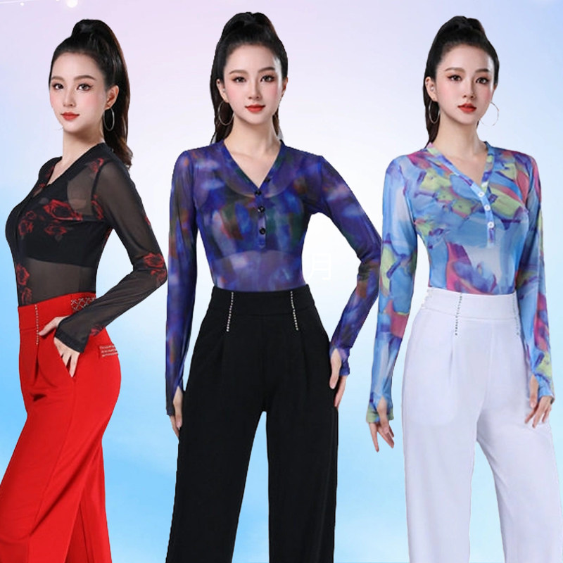 网纱印花长袖显瘦拉丁舞上衣女