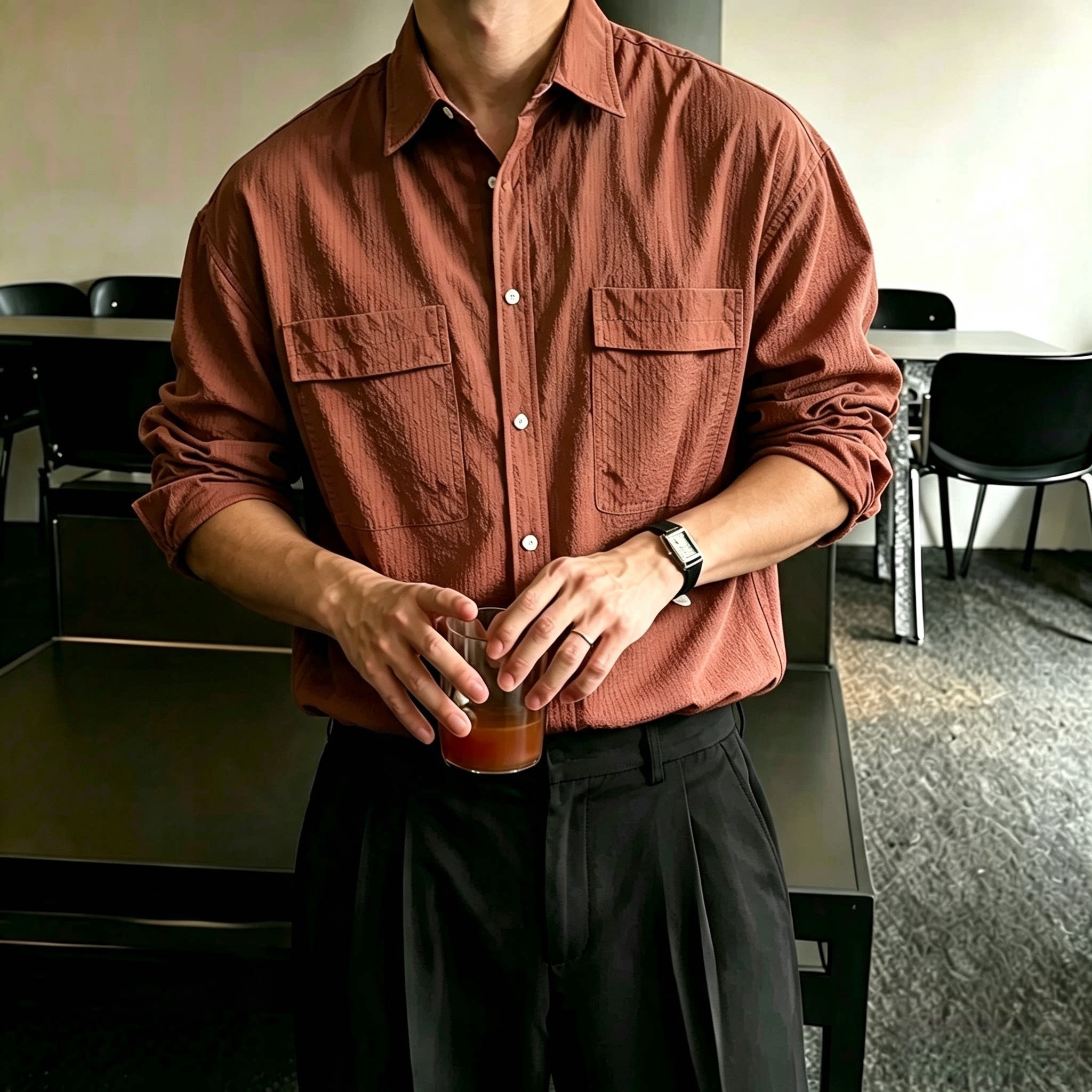薄款肌理感外套春秋宽松男士复古九分袖衬衫休闲轻奢百搭时尚上衣
