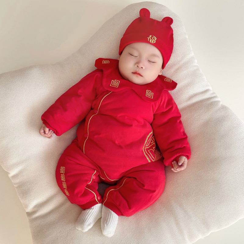 日本婴儿冬季厚连体衣宝宝新年服拜年大红色满月周岁新生儿蝴蝶衣
