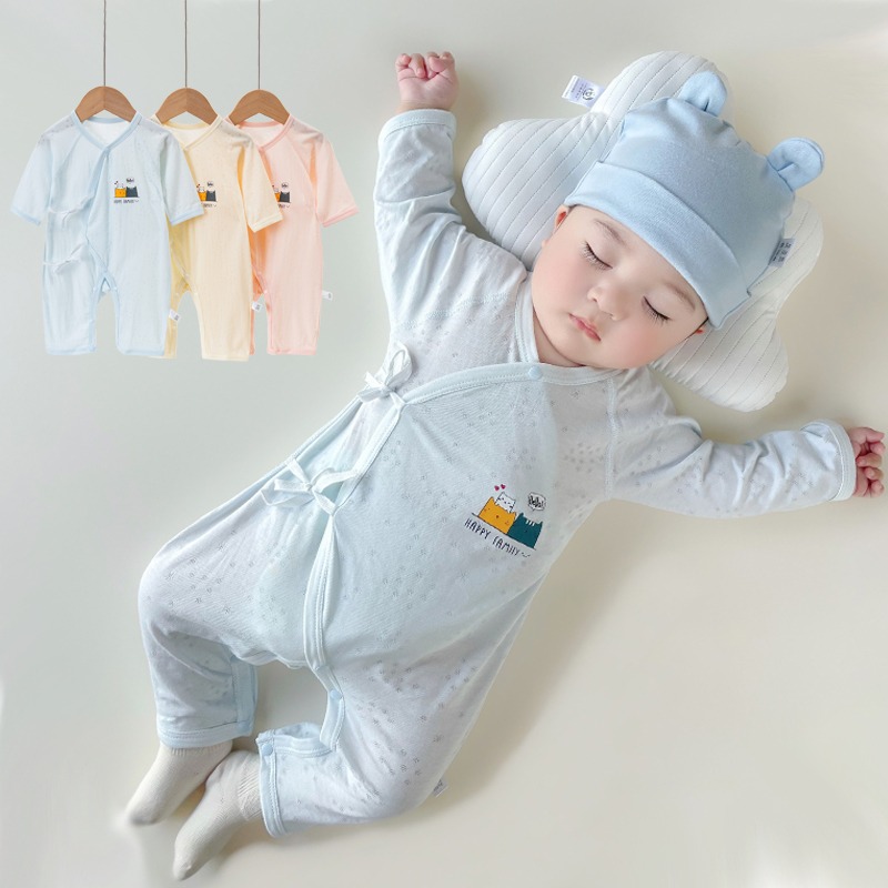 日本婴儿夏季连体衣新生儿护肚斜襟系带哈衣宝宝薄款空调服蝴蝶衣