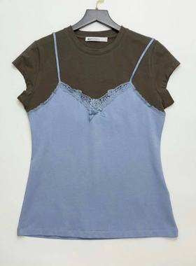 蕾丝拼接假两件吊带修身百搭圆领短袖T恤女