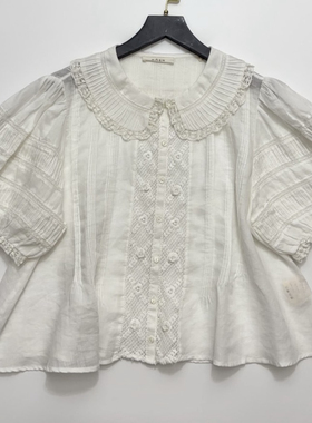 法式浪漫重工刺绣苎麻精致短袖白色娃娃领衬衣