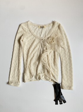 Tèbianco 白茶• 手工花朵真丝拼接立体泡泡镂空针织开衫