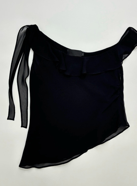 背心黑色露肩真丝不对称吊带上衣