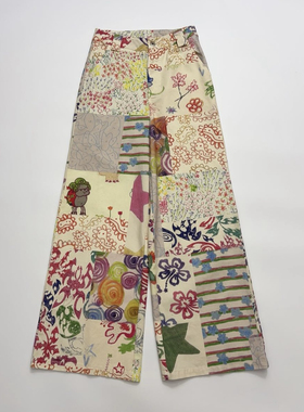 童趣元素印花拼接设计长裤