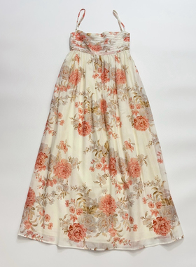 芍药印花吊带连衣裙长裙