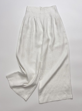 宽松亚麻白色打条休闲裤