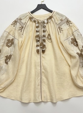 刺绣假日 亚麻浪漫法式宽松衬衫