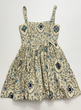 手工钉珠亚麻印花吊带连衣裙