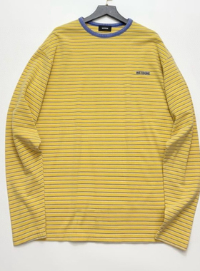 复古棉质圆领细条纹宽松长袖T恤衫