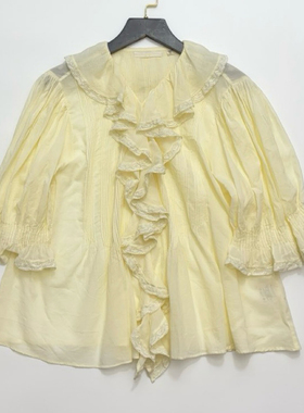 法式荷叶边翻领上衣泡泡袖前系扣百褶衬衫
