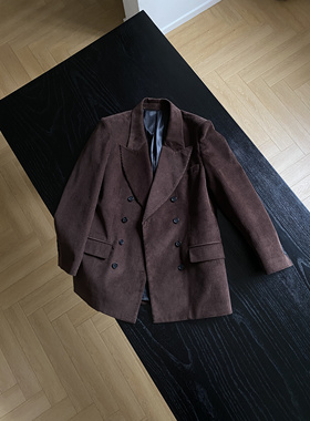 棕色宽松男友风灯芯绒西装外套女中长款