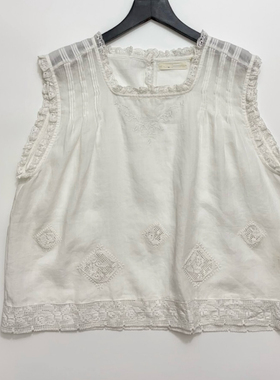 法式方领无袖宽松百搭刺绣苎麻上衣