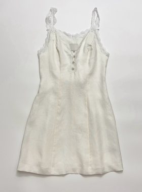 法式复古蕾丝V领收腰亚麻无袖吊带连衣裙