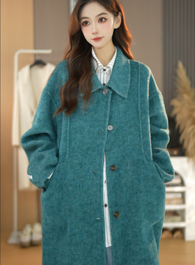 蓝色系廓形加厚慵懒双面羊毛呢大衣外套女中长款宽松大码