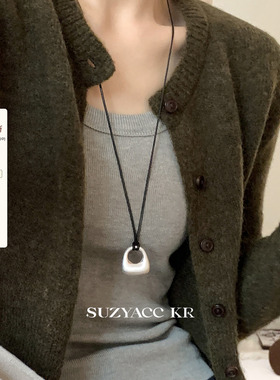 suzyacc kr极简风金属坨坨黑绳毛衣链女小众设计个性高级感长项链